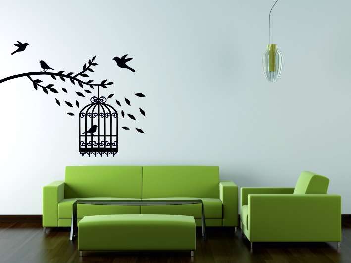 Nálepky na stenu - Klietka na vetve s vtákmi